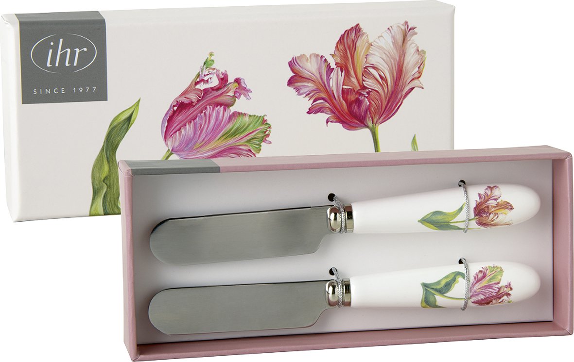 Conjunto de 2 faquinhas para a manteiga Tulipa rosa 12cm - IHR Conjunto de duas espátulas com cabos brancos e decoração floral em caixa com tampa com flores e logótipo ihr