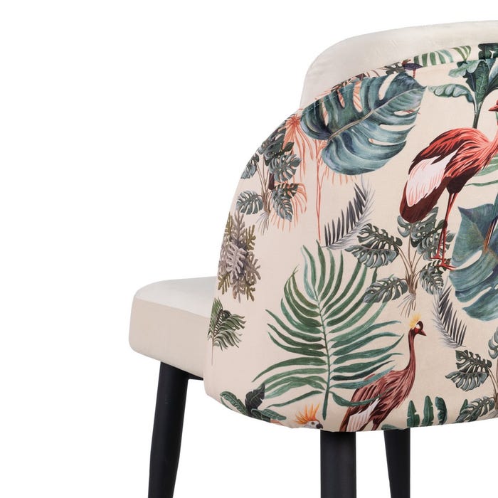 Cadeira pavão bege tecido-metal 51x52x82 cm Cadeira estofada com padrão tropical nas costas e pernas pretas