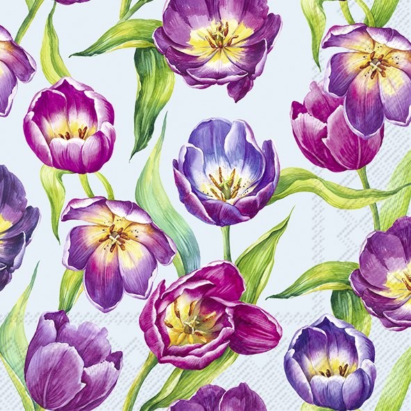 Guardanapos de papel Tulipas fundo azul - IHR Papel decorativo com padrão de tulipas roxas e lilás com folhas verdes