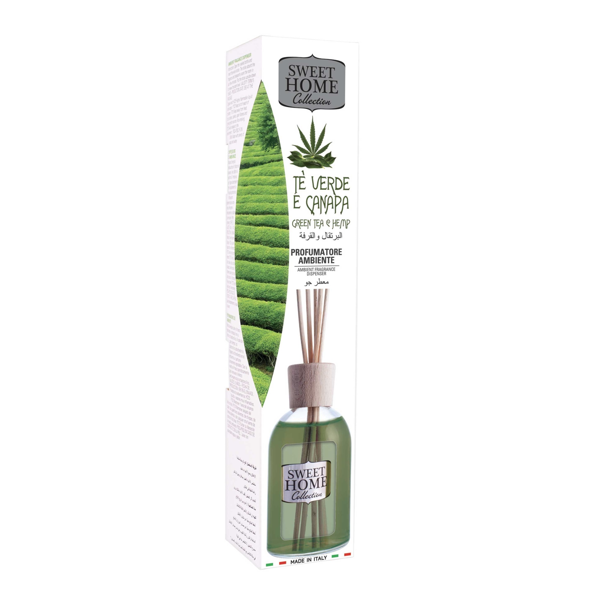 Sweet Home - Mikado Ambientador Chá Verde e Cânhamo 100ml Difusor de ambiente Sweet Home com embalagem e texto em português e italiano