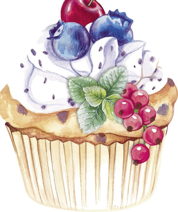 Guardanapos de papel em forma de Cupcake - IHR Ilustração de um cupcake com creme branco e frutas vermelhas