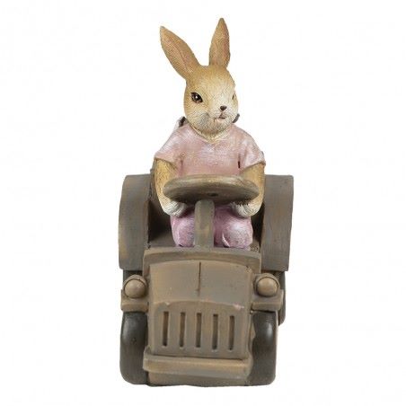 COELHO NO CARRINHO COM PASSARINHO - 13 X 7 X 12CM Figura decorativa de coelho rosa num carro vintage castanho