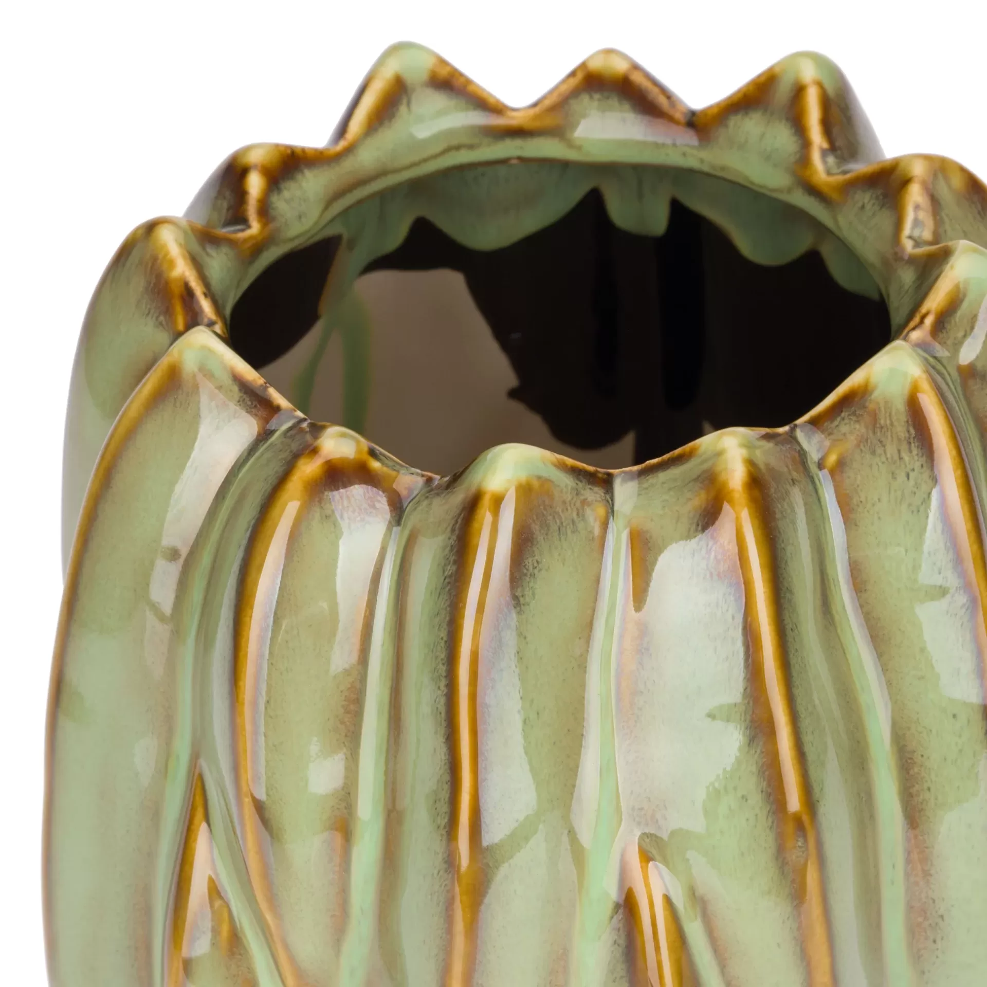 Jarra Grés Verde Vaso cerâmico com bordas onduladas em tons verde e castanho