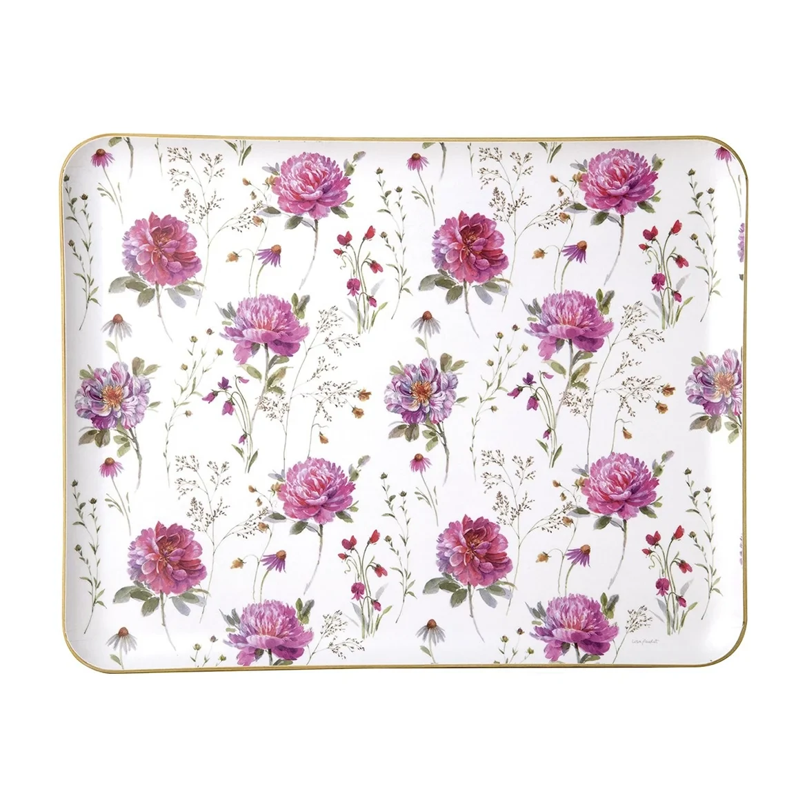 Tabuleiro retangular madeira Rosinhas - 36*28*1.5cm Tabuleiro retangular com flores rosas e roxas sobre fundo branco