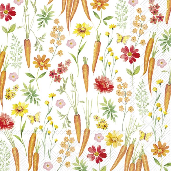 Guardanapos de papel Cenouras e flores - IHR Padrão com cenouras, flores coloridas e borboletas amarelas em fundo branco