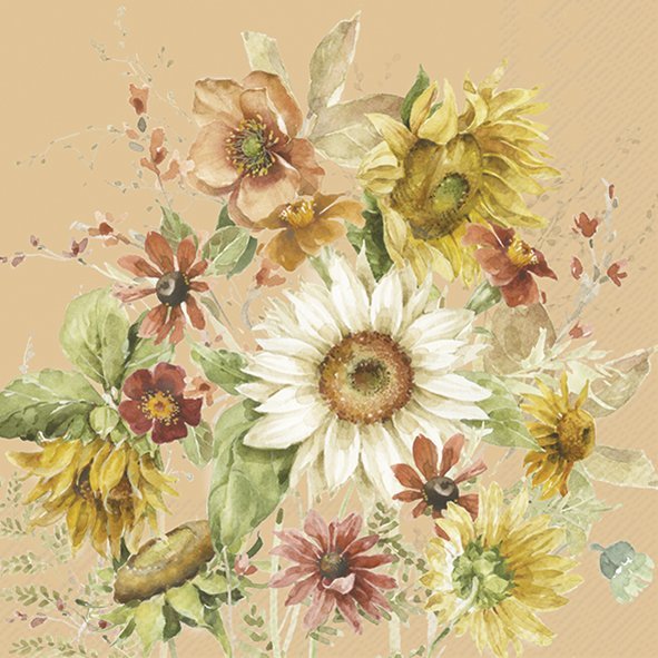 Guardanapos de papel Flores outonais rosa - IHR Padrão floral em aguarela com flores amarelas, brancas e castanhas sobre fundo bege