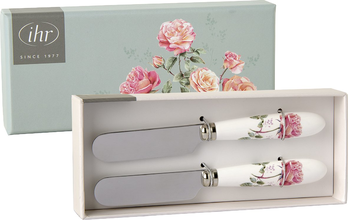 Conjunto de 2 faquinhas para a manteiga Rosa 12cm - IHR Conjunto de duas espátulas para manteiga com cabos decorados com rosas em caixa