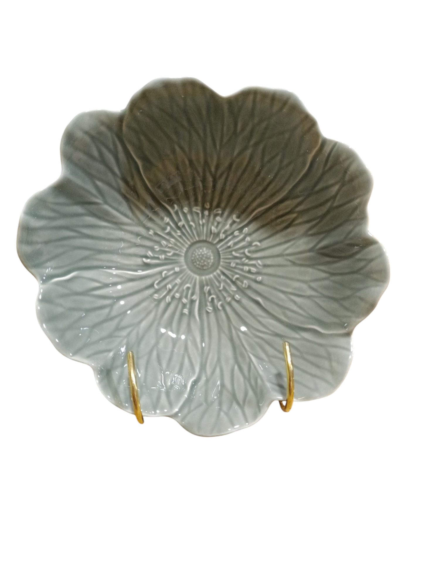 Tigela Grande cinza - Coleção Flora - Bordallo Pinheiro Prato decorativo em cerâmica na forma de flor verde e cinza com suporte