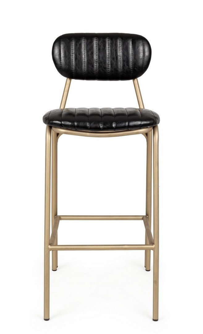 Cadeira Banco alto bar Addy Verde ou preto dourado Banco alto com estrutura metálica dourada e assento e encosto em couro preto