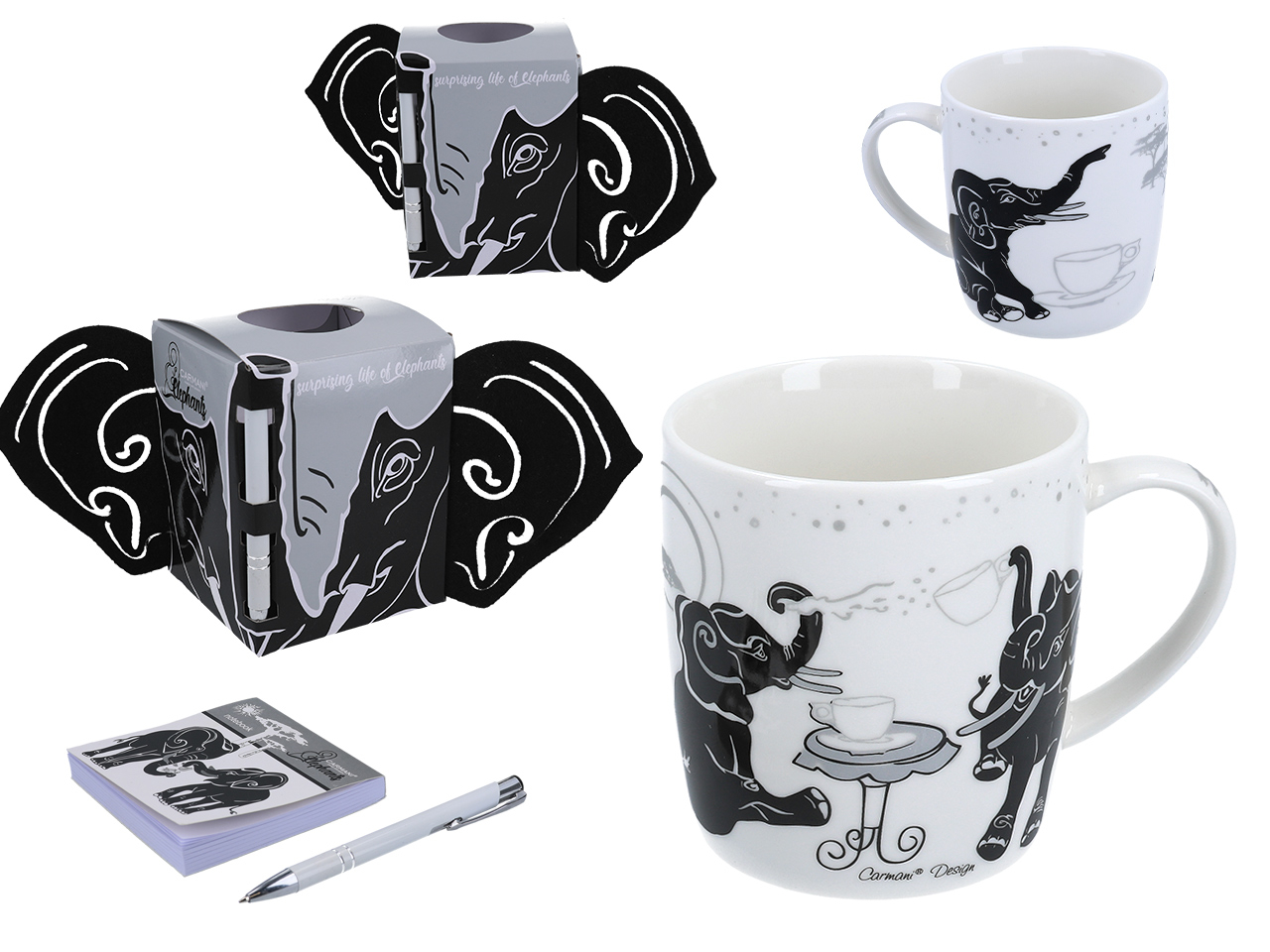 Caneca de Elefante com Bloco e caneta Caneca de cerâmica com ilustração de elefantes e embalagem com orelhas de elefante
