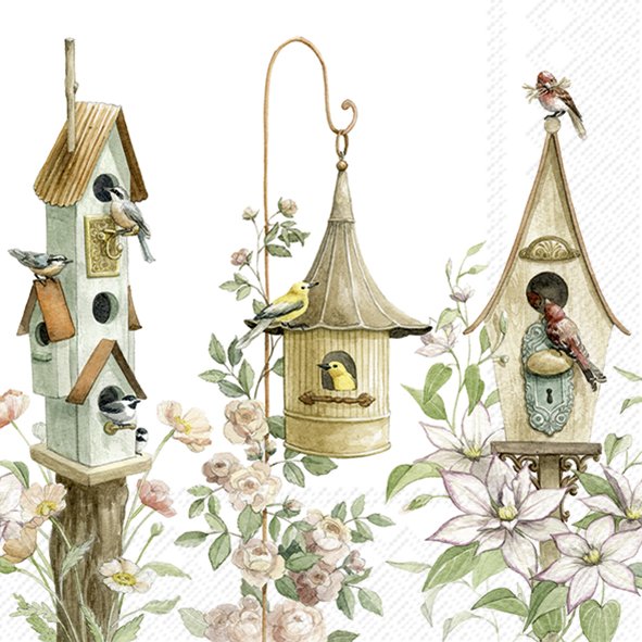 Guardanapos de papel Casinhas de passarinhos - Cocktail - IHR Casas de pássaros decorativas em madeira com pássaros e flores