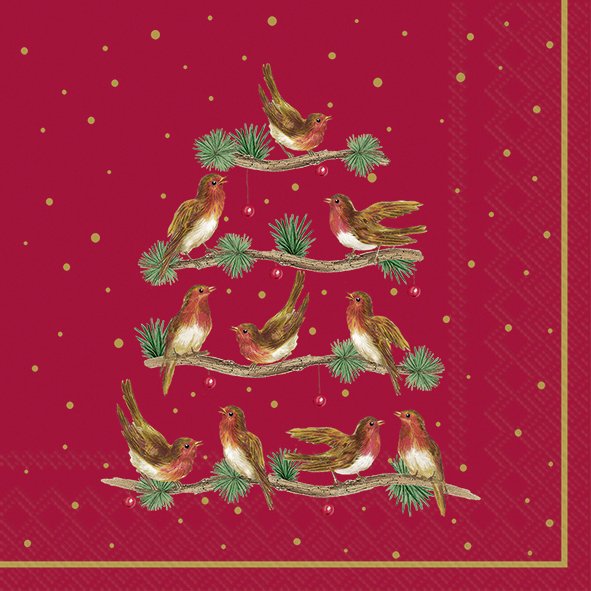 Guardanapos de papel Vermelhos com Passarinhos numa árvore Cocktail - IHR guardanapo vermelho com pássaros castanhos e brancos e galhos verdes formando árvore de Natal