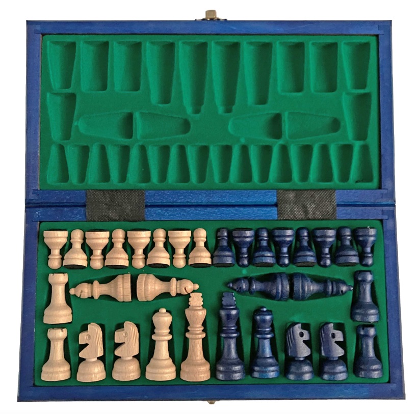 Xadrez em Madeira - Azul Jogo de xadrez portátil em estojo azul com peças de madeira claras e escuras