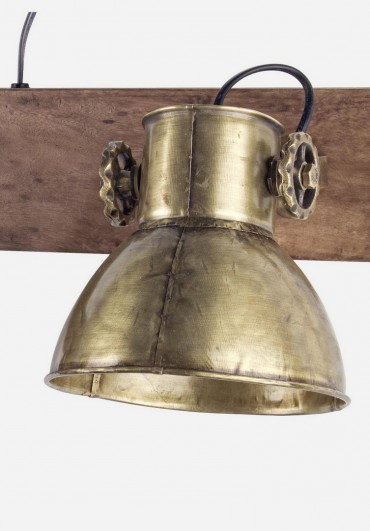 CANDEEIRO DE PAREDE MADEIRA E METAL 2 FOCOS Candeeiro de teto metálico dourado envelhecido com barra de madeira