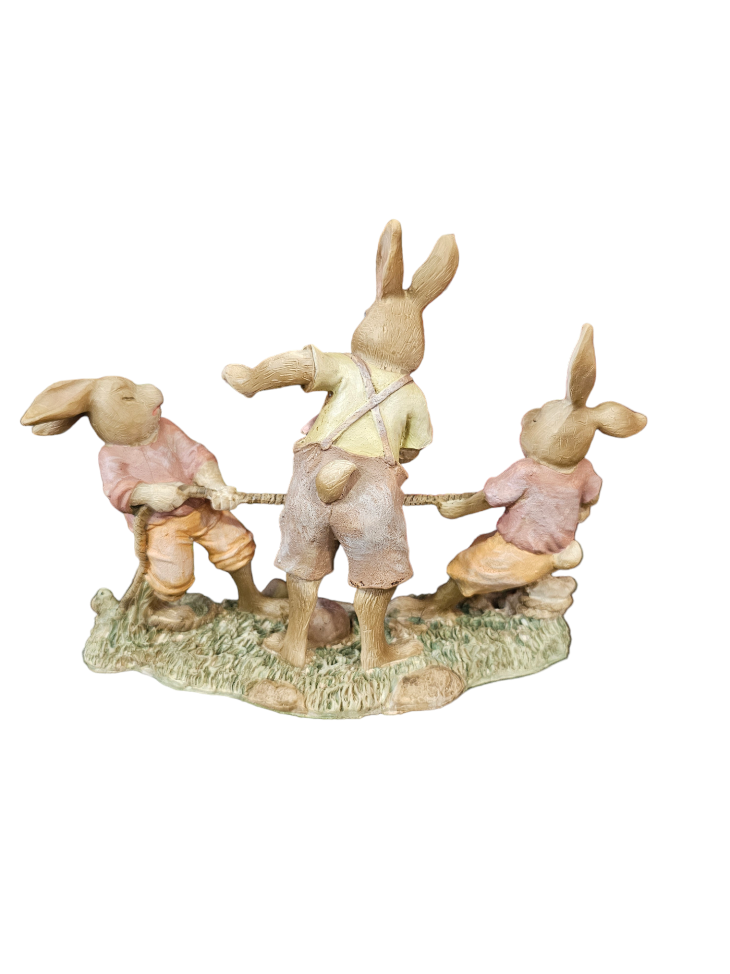 Três coelhinhos a puxar a corda- 20*7*15 Estatueta de coelhos brincando cabo de guerra em resina colorida