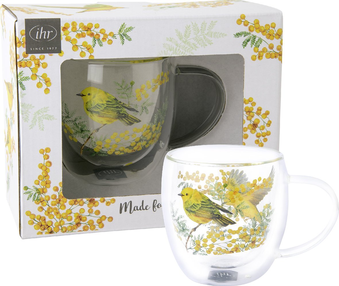 Caneca de vidro duplo Canários amarelos 250ml - Ø 8.5 x H 9 cm - IHR Conjunto de chávena de vidro com estampa de pássaro amarelo e flores