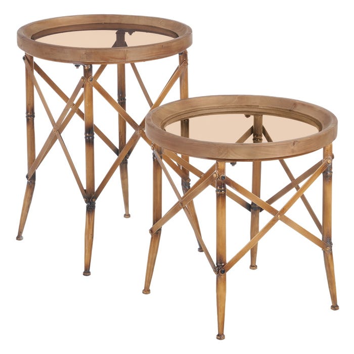 Mesa castanha metal-vidro 50x50x65 cm Duas mesas redondas de madeira clara com tampo de vidro e pernas cruzadas