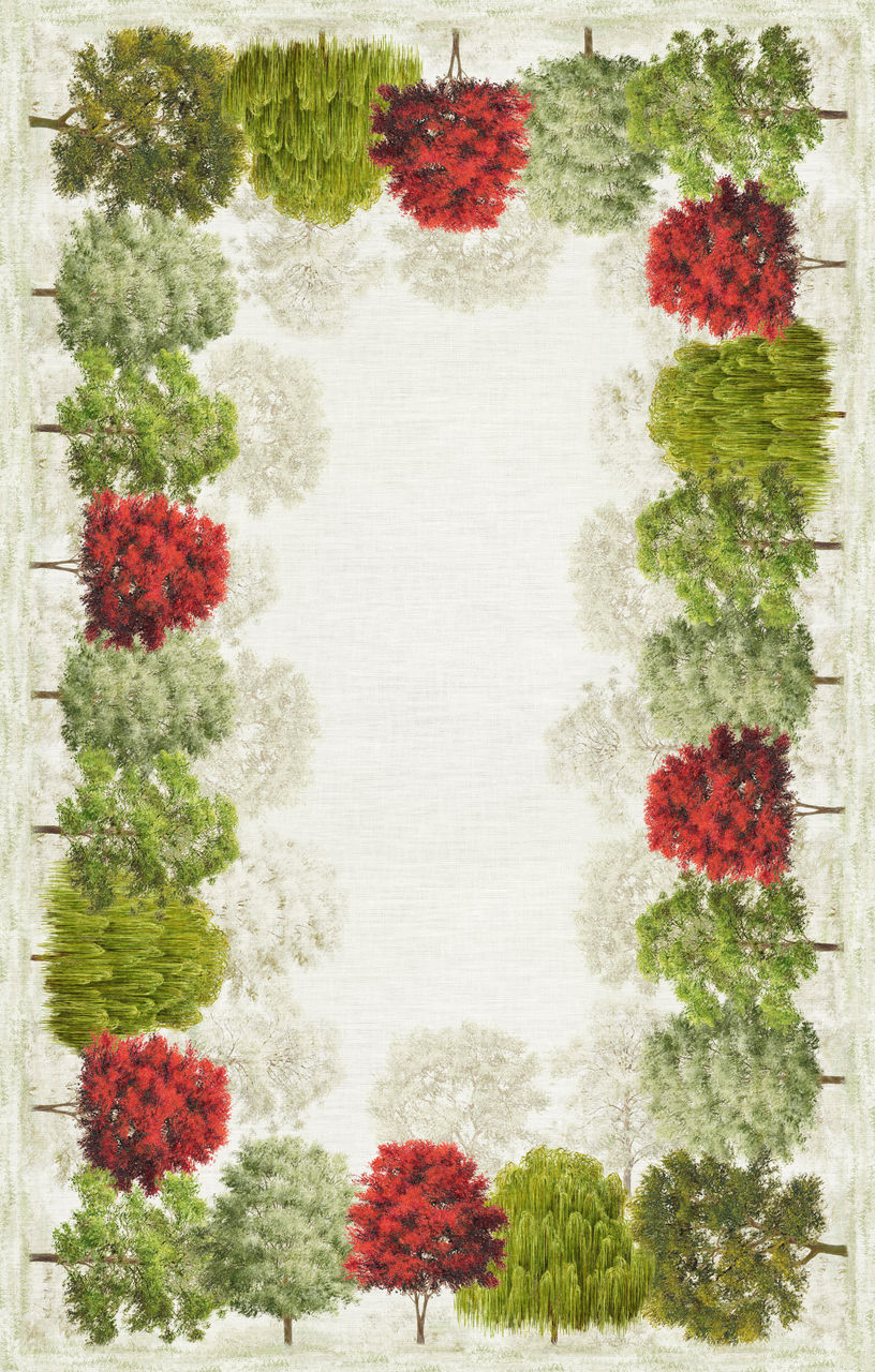 Toalha de Mesa 100% Linho GREESON- Tessitura Tapete com padrão de árvores coloridas formando moldura retangular