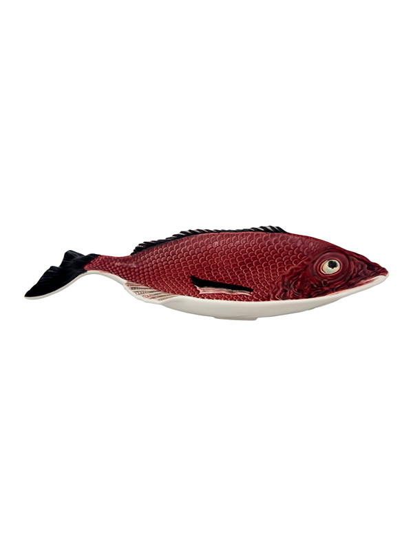 Bordallo Pinheiro - Peixe Travessa 51cm Prato de cerâmica em forma de peixe vermelho com cauda preta