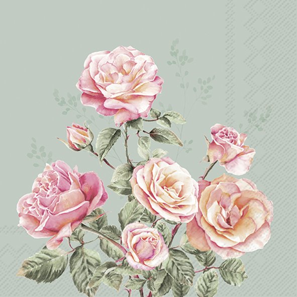 Guardanapos de papel Bouquet de rosas fundo verde - IHR Flores rosas e brancas com folhas verdes sobre fundo verde-acinzentado