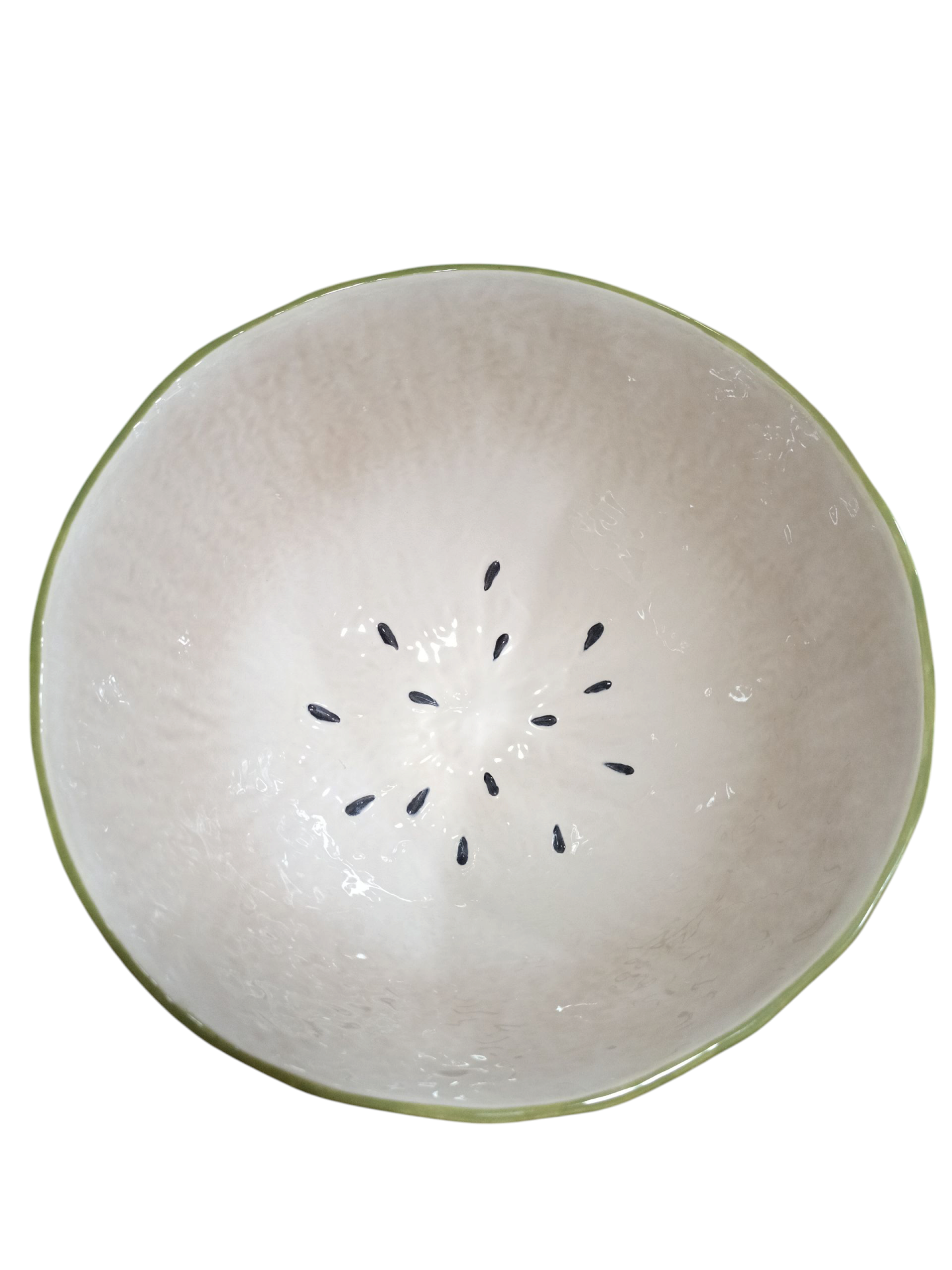 Saladeira Anona- Coleção Frutos Tropicais - Bordallo Pinheiro Tigela cerâmica branca com borde verde e sementes pretas no centro