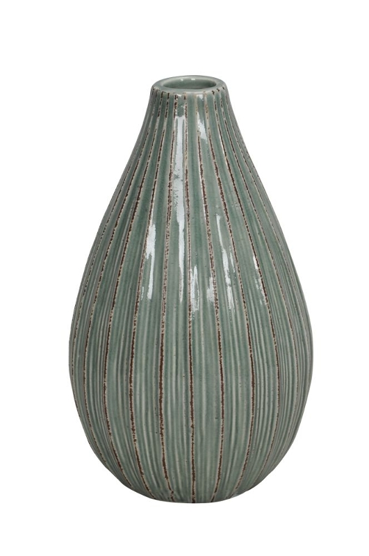 Vaso decorativo esverdeado conico com varias riscas ao alto - D12xH21cm Vaso de cerâmica verde com linhas verticais onduladas em relevo.