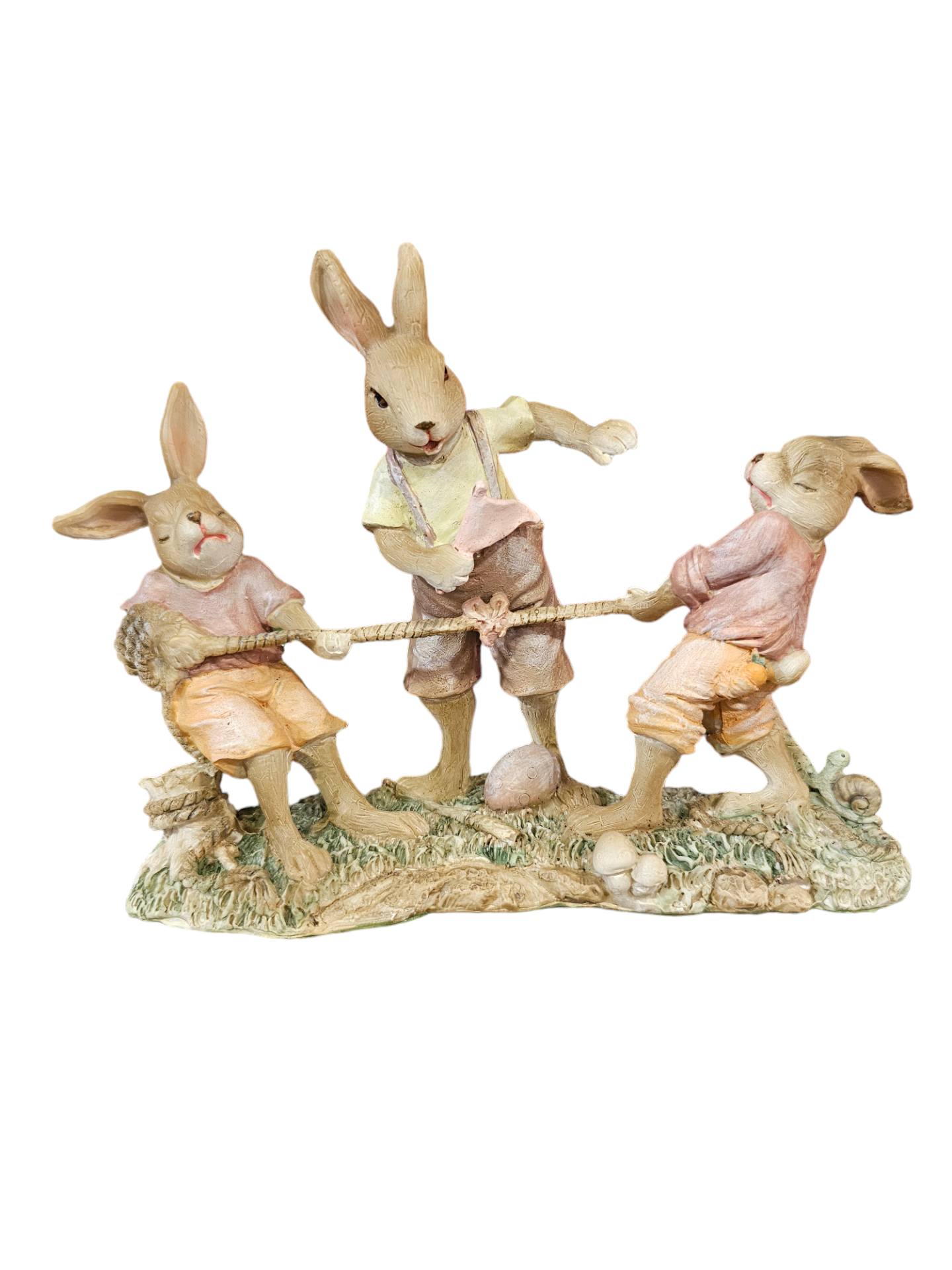 Três coelhinhos a puxar a corda- 20*7*15 Figura decorativa de três coelhos a jogar cabo de guerra em tecido e resina