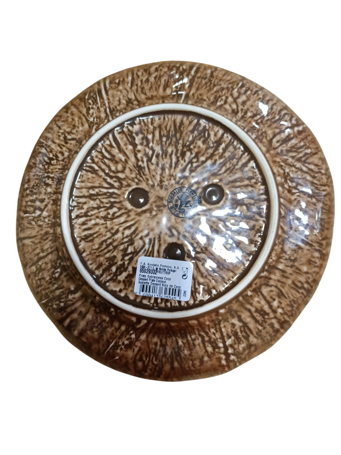 Prato Sobremesa Coco - Coleção Frutos Tropicais - Bordallo Pinheiro Prato de cerâmica castanho com textura e etiqueta na base