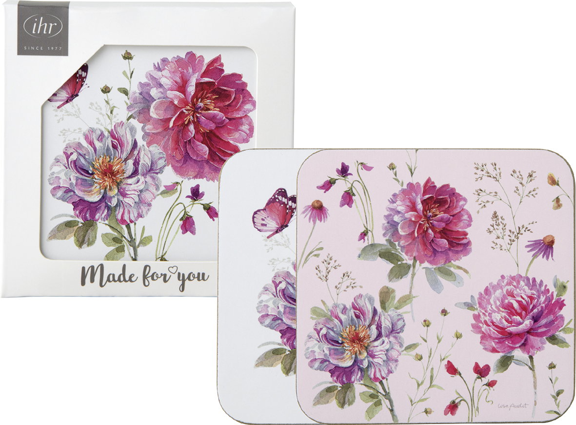 Conjunto de 4 bases de copos Flores rosas em cortiça 10*10cm Dois placemats florais com caixa branca e texto Made for you
