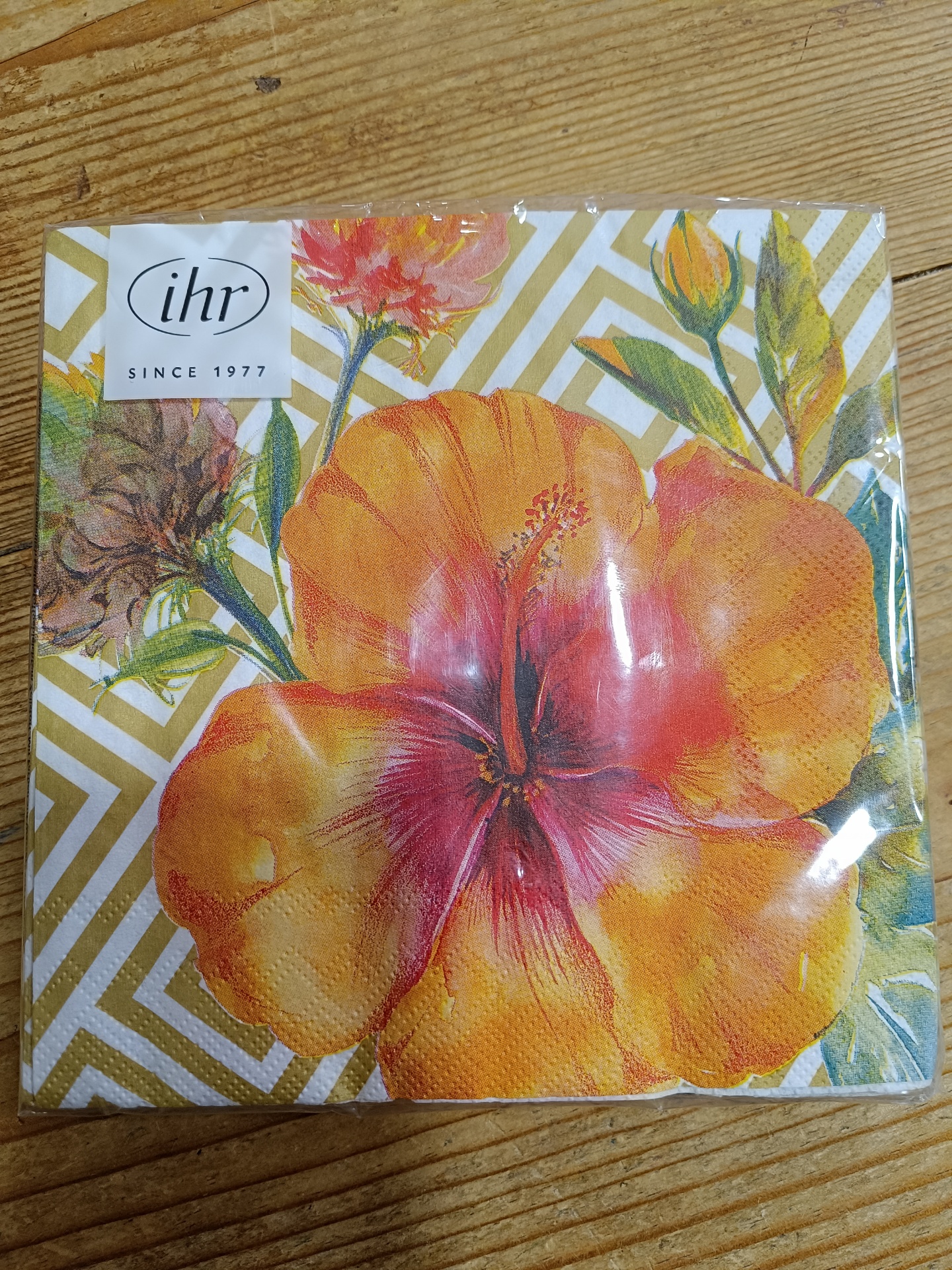 Guardanapos de papel Tropical Hibisco dourado - IHR Guardanapo de papel com grande flor laranja e padrão geométrico dourado e branco