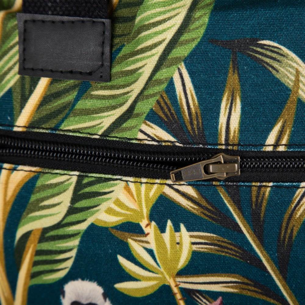 Saco com Macacos Azul Ciano Bolsa com padrão tropical de folhas e fecho de correr preto