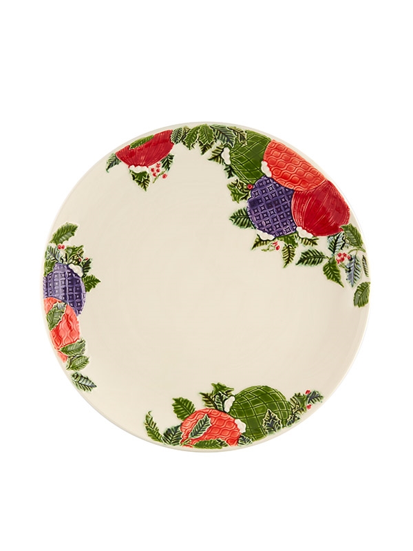 Centro de Mesa 42 - Coleção Bolas de Natal - Bordallo Pinheiro Prato decorado com folhas verdes e frutas coloridas nas bordas