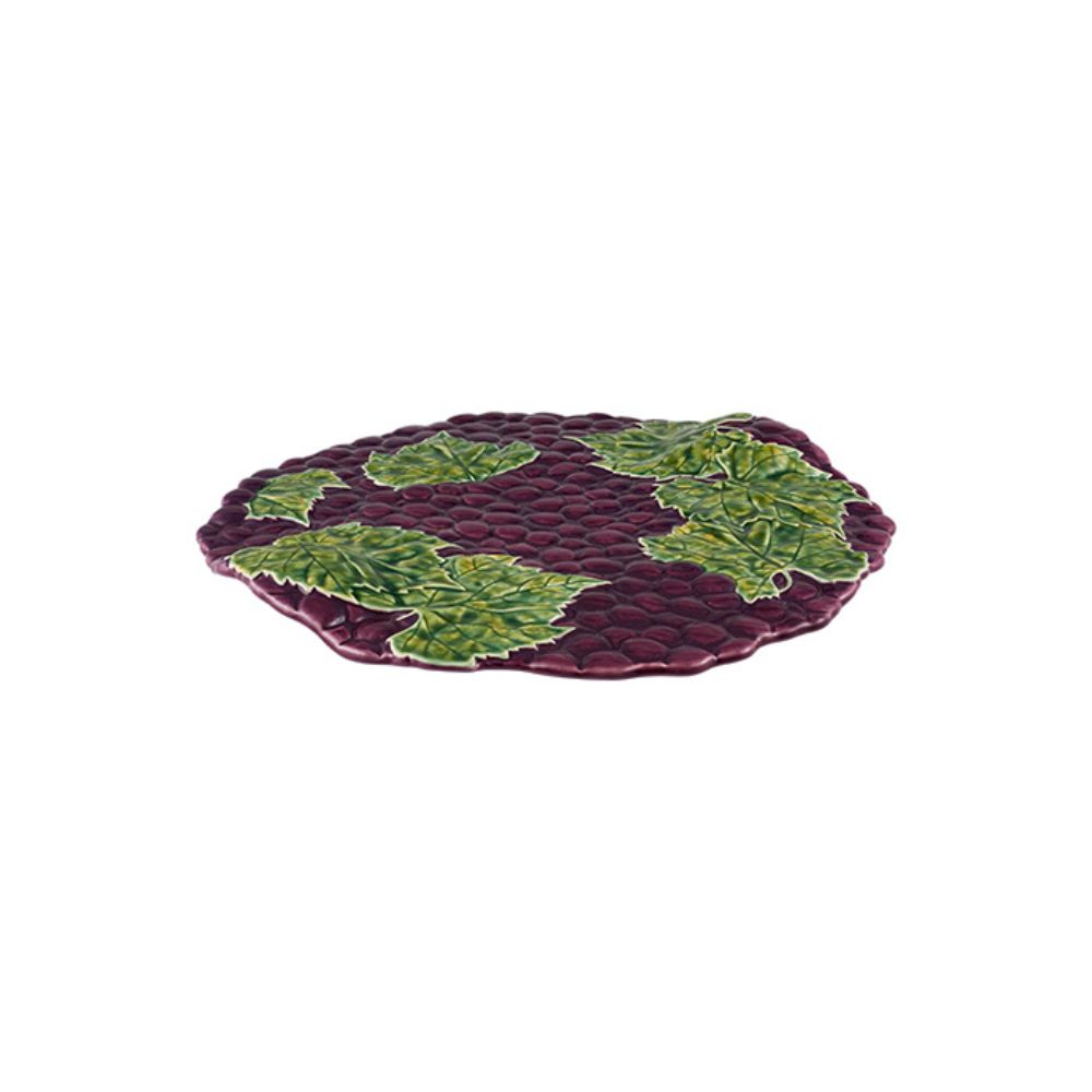 Queijeira das uvas roxa - Coleção uvas - Bordallo Pinheiro Prato decorativo em cerâmica roxo com folhas verdes em relevo.