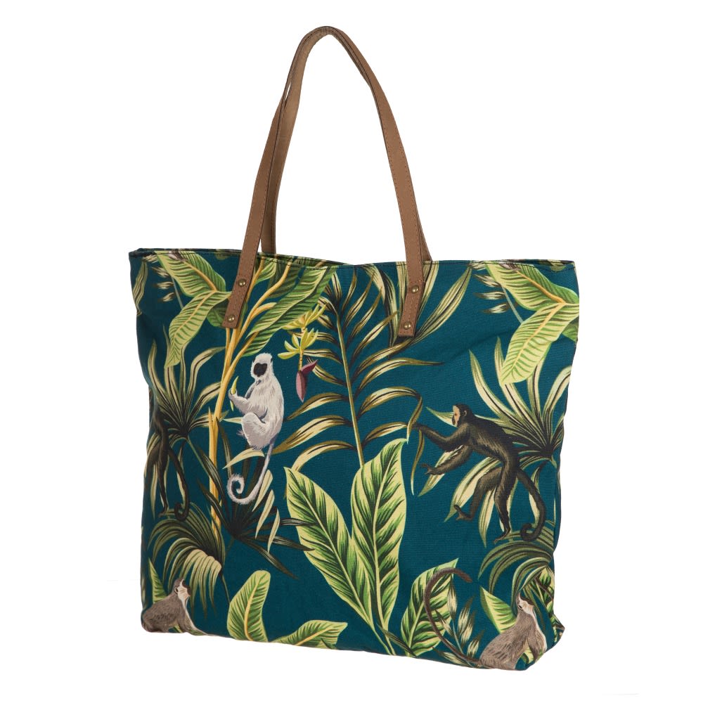 Mala com Macacos Azul Ciano Mala tote com estampa de folhas verdes e macacos, alças marrons
