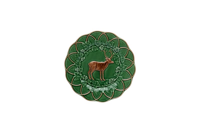 Prato Lanche 24 Veado - Coleção Bosque - Bordallo Pinheiro Prato decorativo verde com veado e ornamentos de folhas