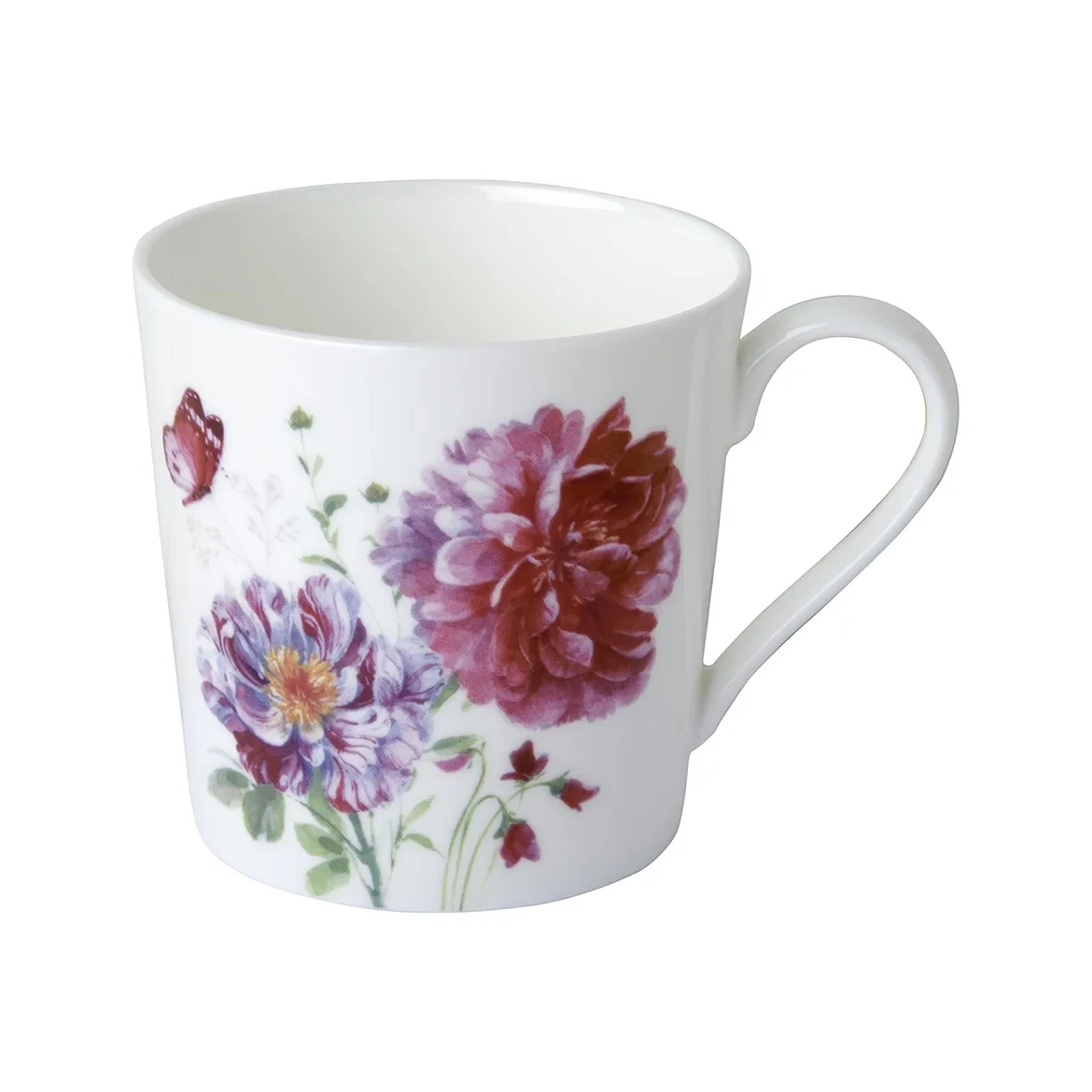 Caneca de Porcelana Flores e Dálias 350ml - Ø 9x H 9 cm - IHR Caneca branca com padrão floral e borboleta vermelha