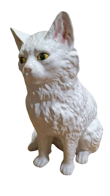Bordallo Pinheiro - Gato sentado Bordallo Pinheiro Estátua de gato em cerâmica branca com olhos verdes