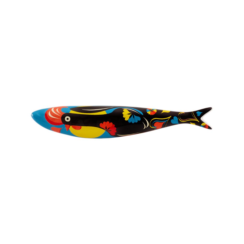 Sardinha Bordallo Pinheiro - Barcelo by Raquel Krügel Escultura de peixe de madeira colorida com padrões florais