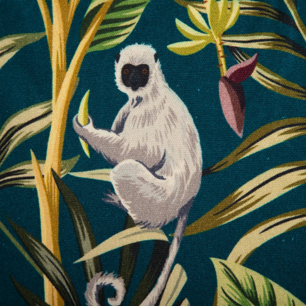 Mala com Macacos Azul Ciano Tecido com padrão de lémure em folhas tropicais, fundo azul