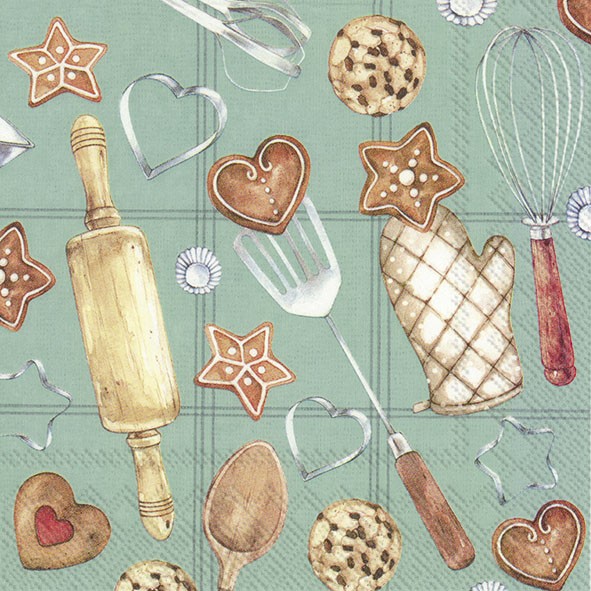 Guardanapos de papel Bolos e bolachas - IHR Padrão de utensílios e biscoitos de cozinha desenhados em fundo verde-azulado