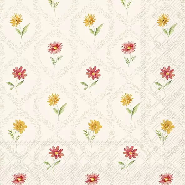 Guardanapos de papel Florinhas miudinhas no xadrez - IHR Papel de parede decorativo com flores amarelas, laranja e vermelhas em fundo bege claro.