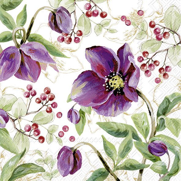 Guardanapos de papel flores roxas- IHR Padrão floral em tons de roxo, verde e vermelho com flores e bagas sobre fundo branco
