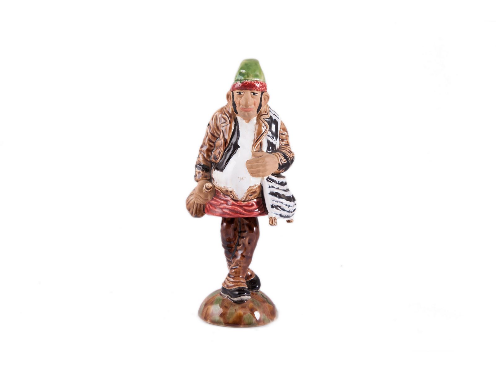 Bordallo Pinheiro - Figuras de Movimento - Saloio com Alforges Figura decorativa cerâmica homem com casaco castanho e chapéu verde e vermelho