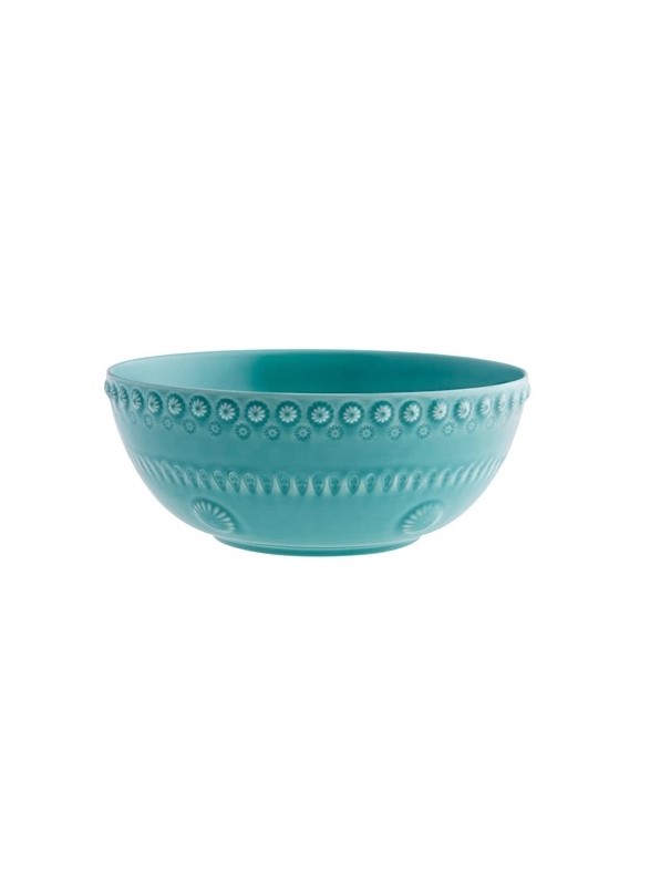 Saladeira 23 Verde Água - Coleção Fantasia - Bordallo Pinheiro tigela azul turquesa com padrão decorativo em cerâmica