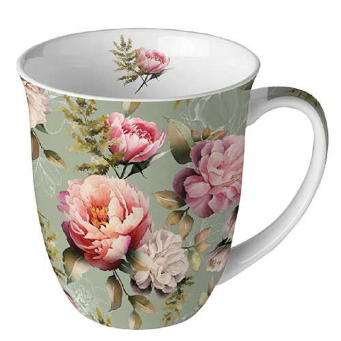 Caneca Porcelana das Peonias/rosinhas 400ml - Ambiente Caneca branca com padrão floral em tons de rosa e verde