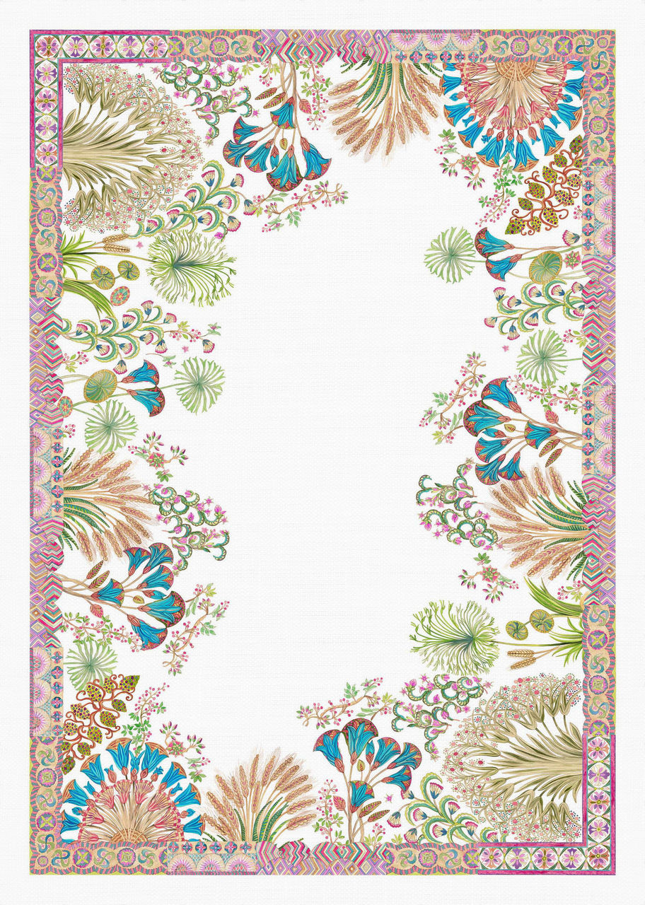 Toalha de Mesa 100% Linho PAPYRO - Tessitura Toalha com padrão floral colorido e moldura decorativa