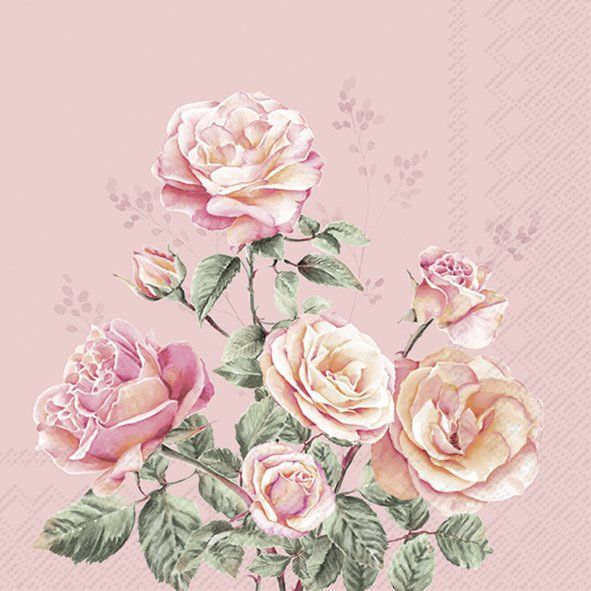 Guardanapos de papel Bouquet de rosas fundo rosa - IHR Flores rosas realistas com folhas verdes em fundo rosa com padrões sutis