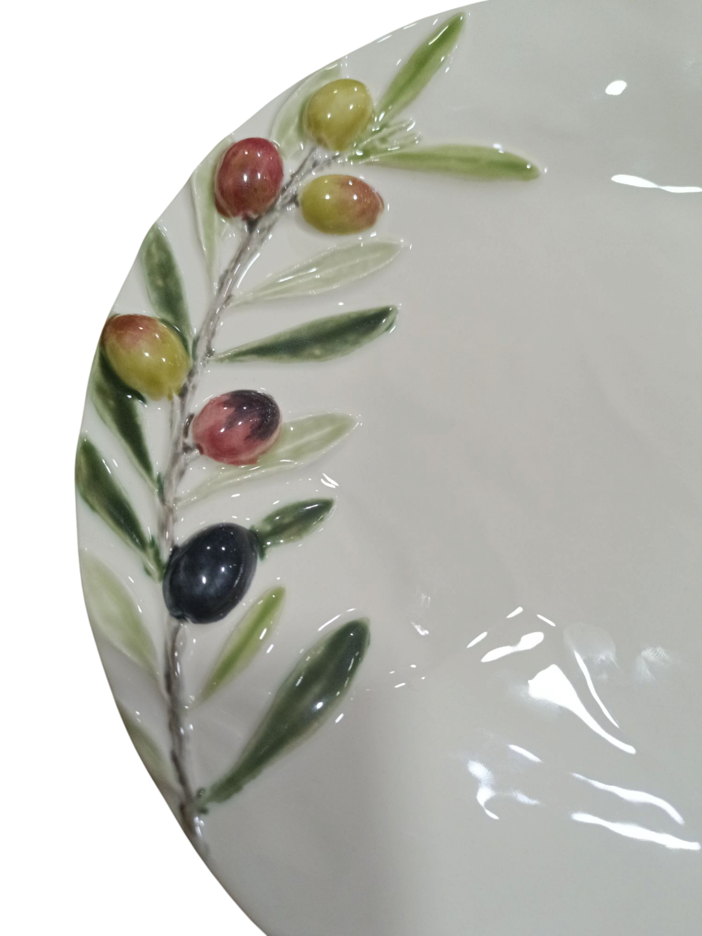 Prato Fruta/Entrada - Coleção Olival - Bordallo Pinheiro Prato cerâmico branco decorado com ramo de oliveira colorido em relevo