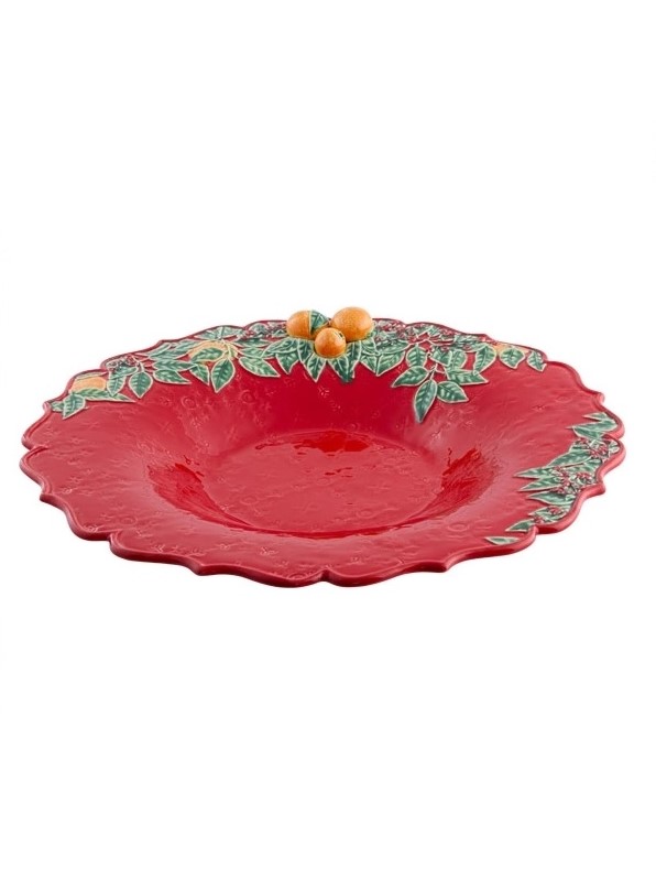Centro Mesa - Coleção Coroa de Natal - Bordallo Pinheiro Prato raso vermelho decorativo com folhas verdes e frutos laranja em cerâmica