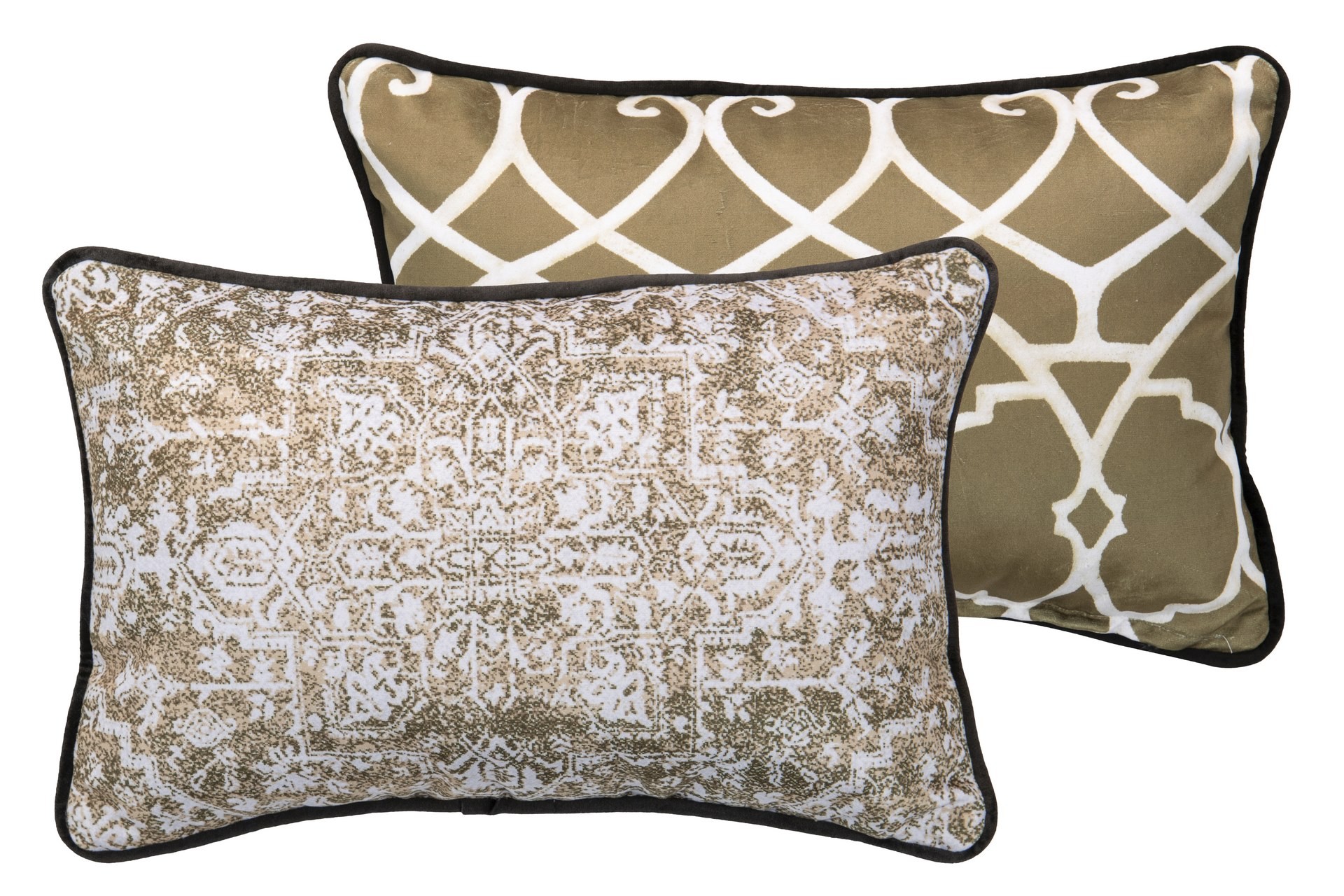 Almofada rectangular Veludo Kilim Mostarda 45x30 dupla face Duas almofadas retangulares com padrões geométrico e estilo persa em tons castanhos e brancos